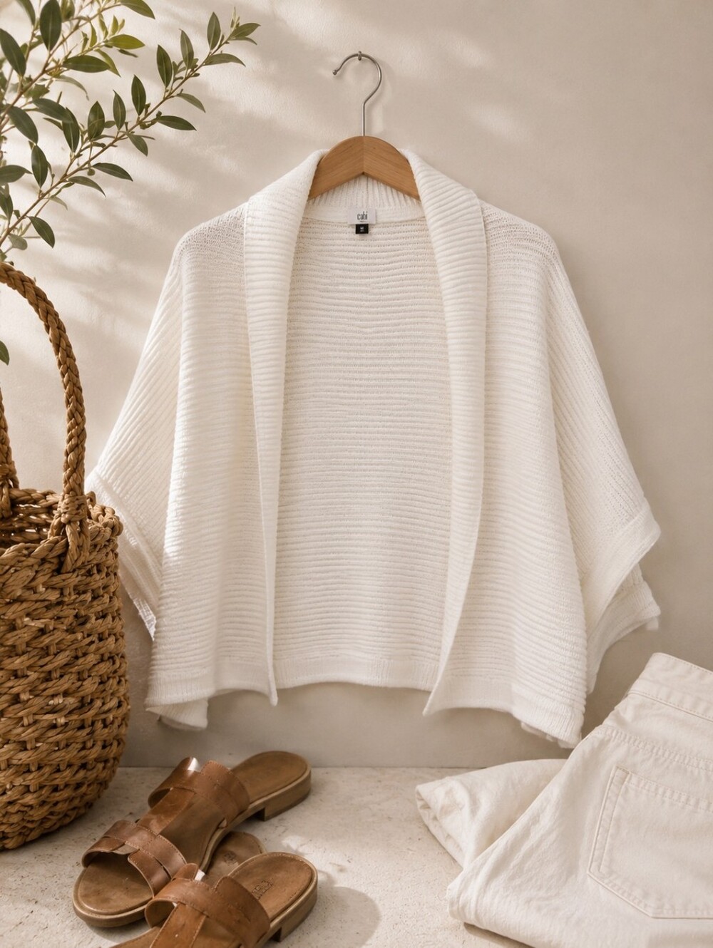 Cabi White Shawl Collar Cotton Sweater | Medium | Textured Knit Layer